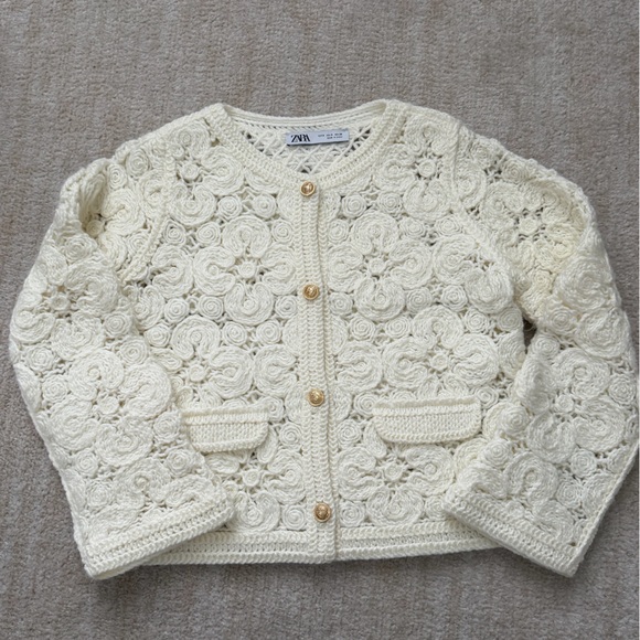 Zara Sweaters - Zara Off-White Crochet Cardigan with Gold Buttons
